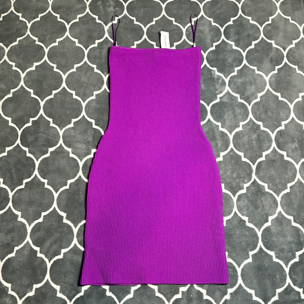 Babaton Sculpt Knit Mini Dress XS Purple Ribbed Spaghetti Strap Bodycon 101267